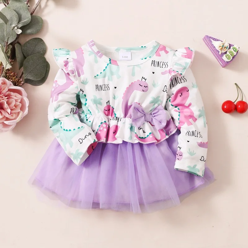 Милое платье с длинным рукавом для маленьких девочек мультяшным принтом