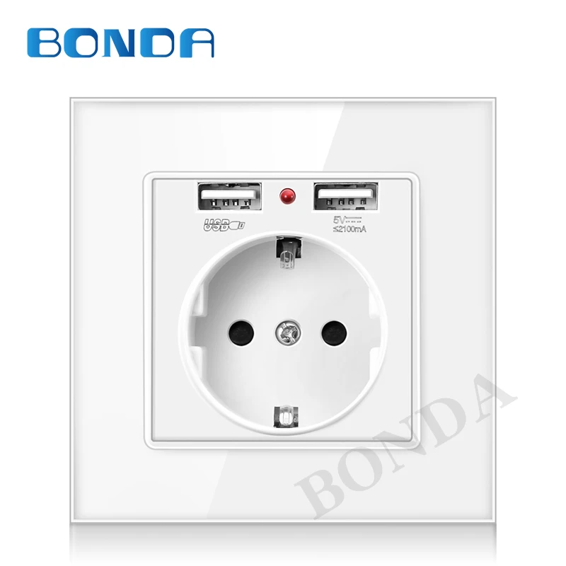 Электрическая розетка BONDA EUwall с usb разъемом Стеклянная Двойная настенная 16 А 2100