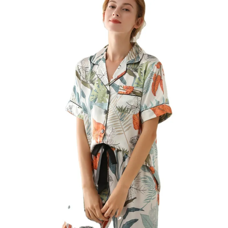 

2pieces Pajama Set for Women Faux Silk Leaves Printed Short Sleeve Long Trouser Casual Sleep Suits Summer Loose Pyjama Set Women