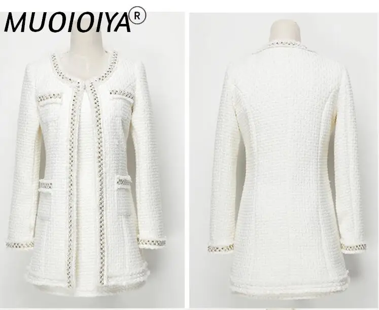 

Женские дизайнерские модельные костюмы, элегантный офисный твидовый Блейзер, пиджак с белыми и черными бусинами, комплект из двух предмето...