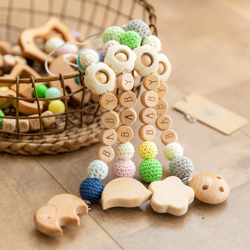 

1PC Baby Pacifier Chain Flower Pacifier Clips Crochet Beads Wood Nipple Holder Personalized Alphabet Beads Baby Teething Chain