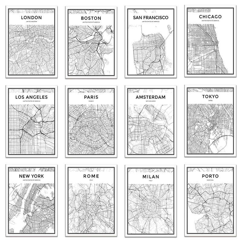 

World City Map New York Tokyo Paris Black and White Art Canvas Poster Prints Nordic Style Painting Picture for Living Room Decor