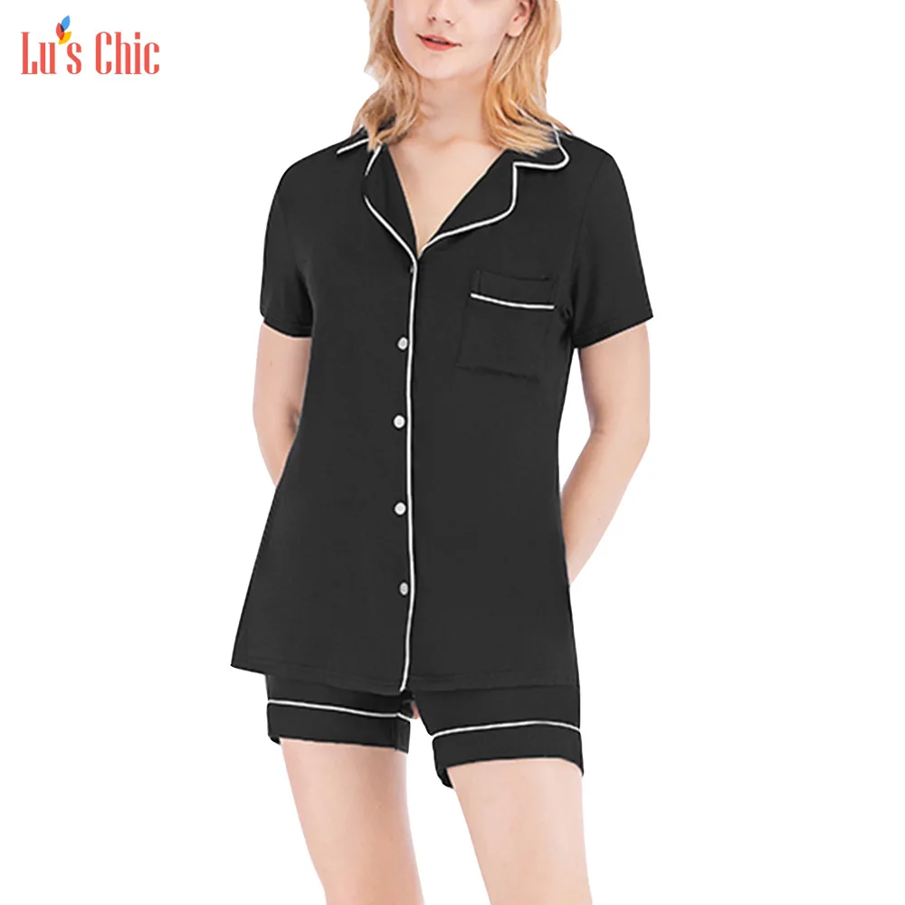 

Lu's Chic Short Sleeves Notch Collar Shorts Solid PJs Set Button Down Women's Sleepwear Nightwear