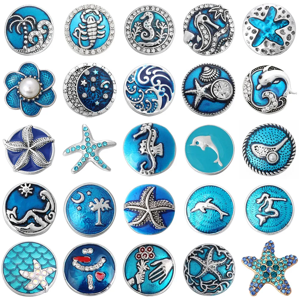 6 шт./лот ювелирные изделия 18 мм кнопки с синими стразами Морская звезда Дельфин