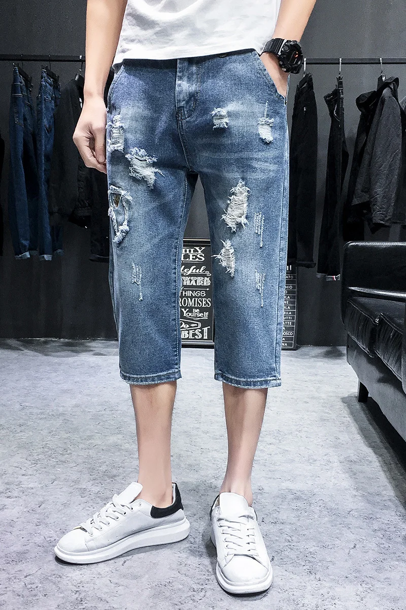 2019 personality trend fashion hole cropped trousers new Japanese men's jeans calca masculina hip hop Best Free shipping XL |
