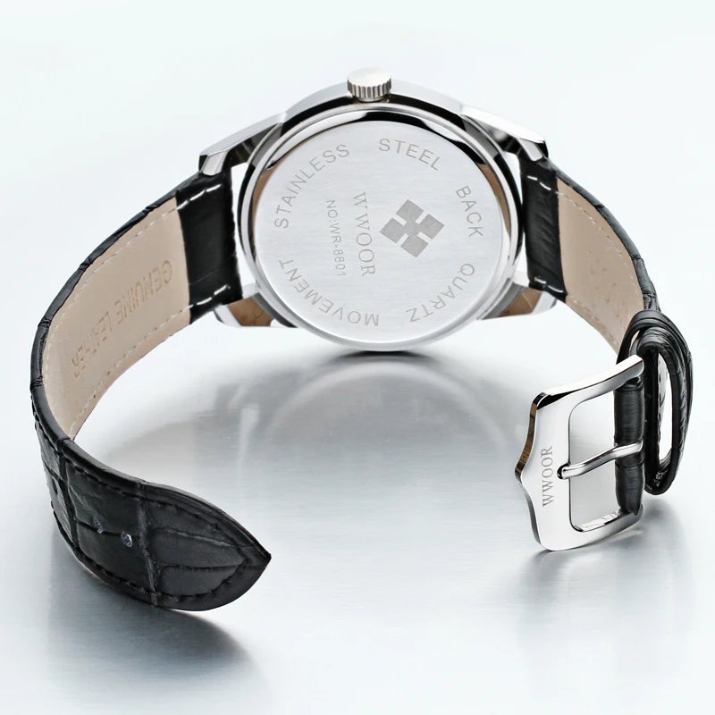 

WWOOR Watch for Men Day Date Analog Quartz Men Watches Top Brand Luxury Waterproof Business Black Leather Strap Male Wrist Watch