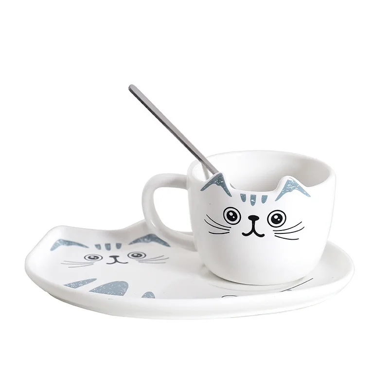 

200ml Ceramic Coffee Cup Set Cartoon Cute Cat Pattern Handgrip Animal Mugs Tea Cup Milk Cup With Dessert Tray Creative Drinkware
