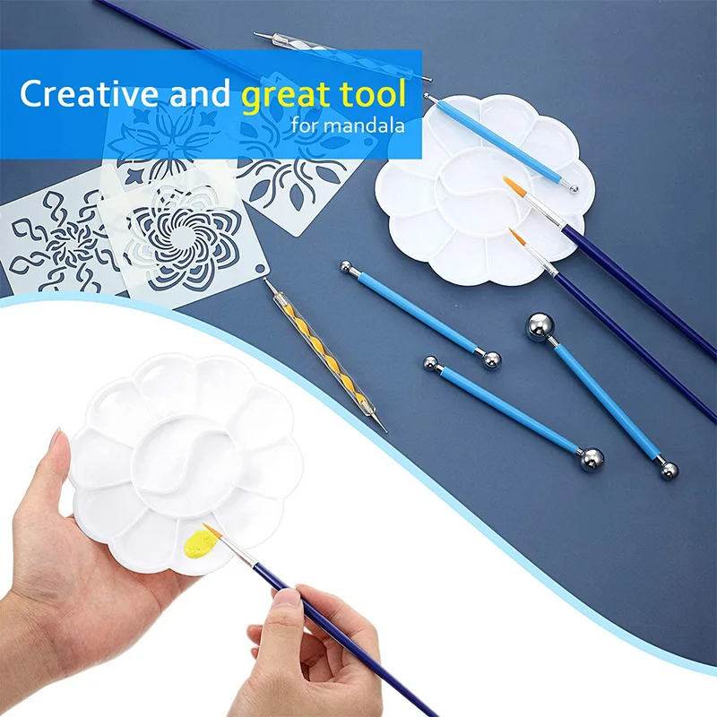 

52 Pcs Mandala Dotting Tools Stencil Set Mandala Painting Tool Kits Include Stencil Dotting Pen Paint Tray Paint Brushes