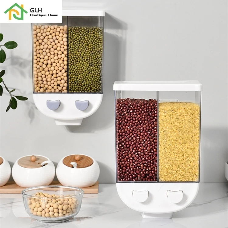 

2L Kitchen Whole Grains Cereal Dispenser Divided Sealed Storage Tank 2 Grids Wall-Mounted Food Storage Containers