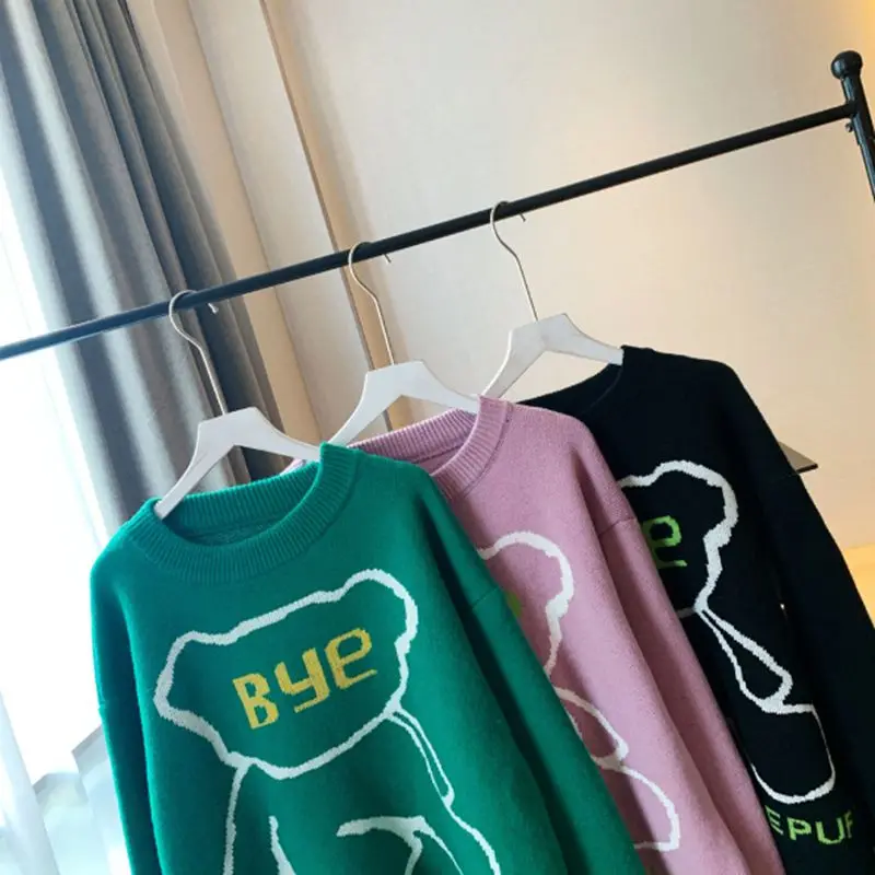 

Juice Snow 2020 Autumn New Cartoon Bear Sweater Female Loose Letters Lazy Long-Sleeved Round Neck Pullover Sweater