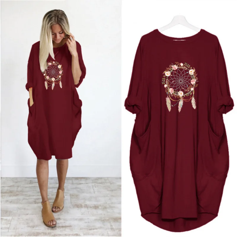 

Autumn Midi Dress Feather Dreamcatcher Printing Robe Femme Long Sleeve Round Neck Loose Vintage Party Club Streetwear Vestidos