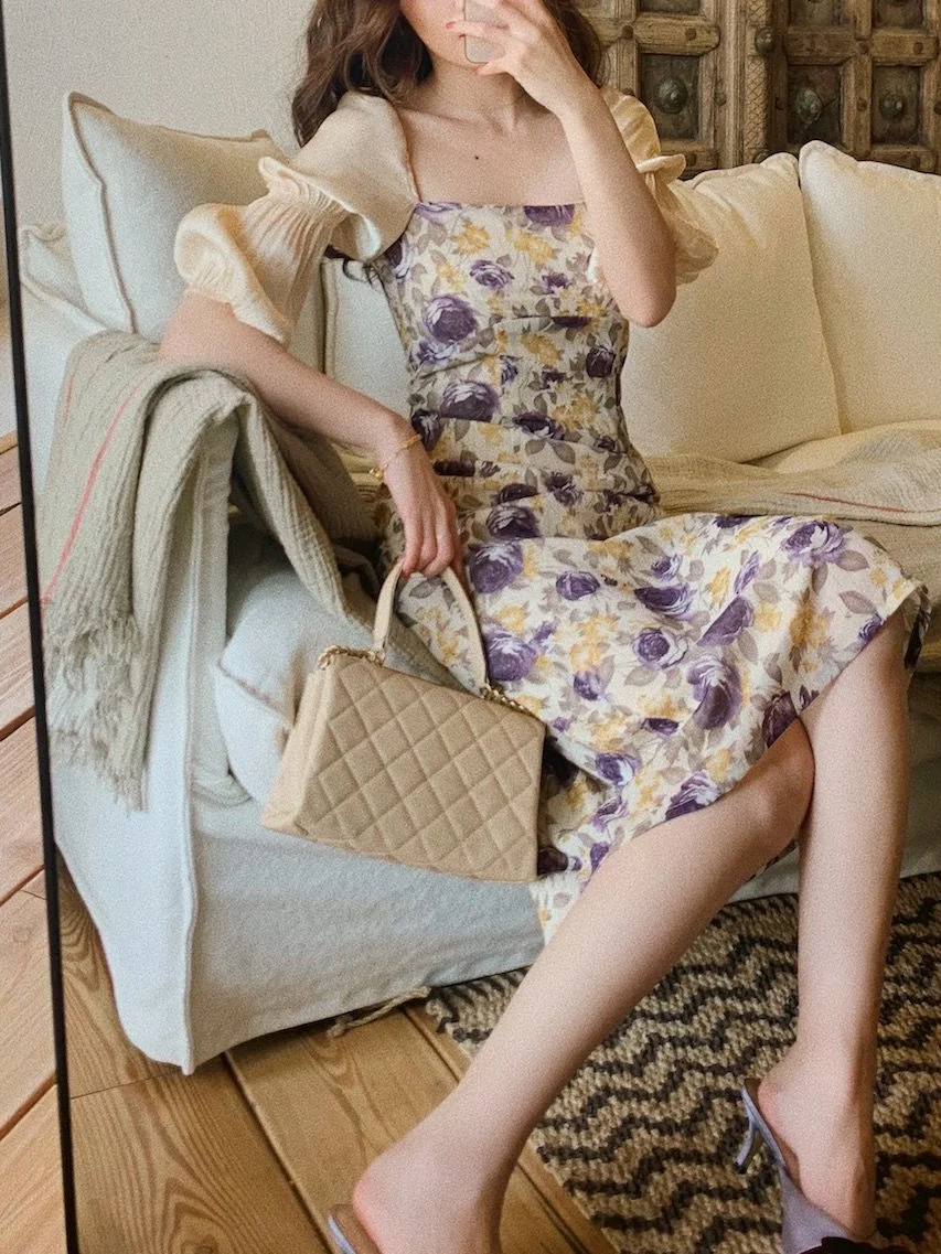 

Summer Square Neck Puff Sleeve Floral Dresses Women Fashion Close Waist Retro Long Maxi Dresses for Women French Elegant Dress