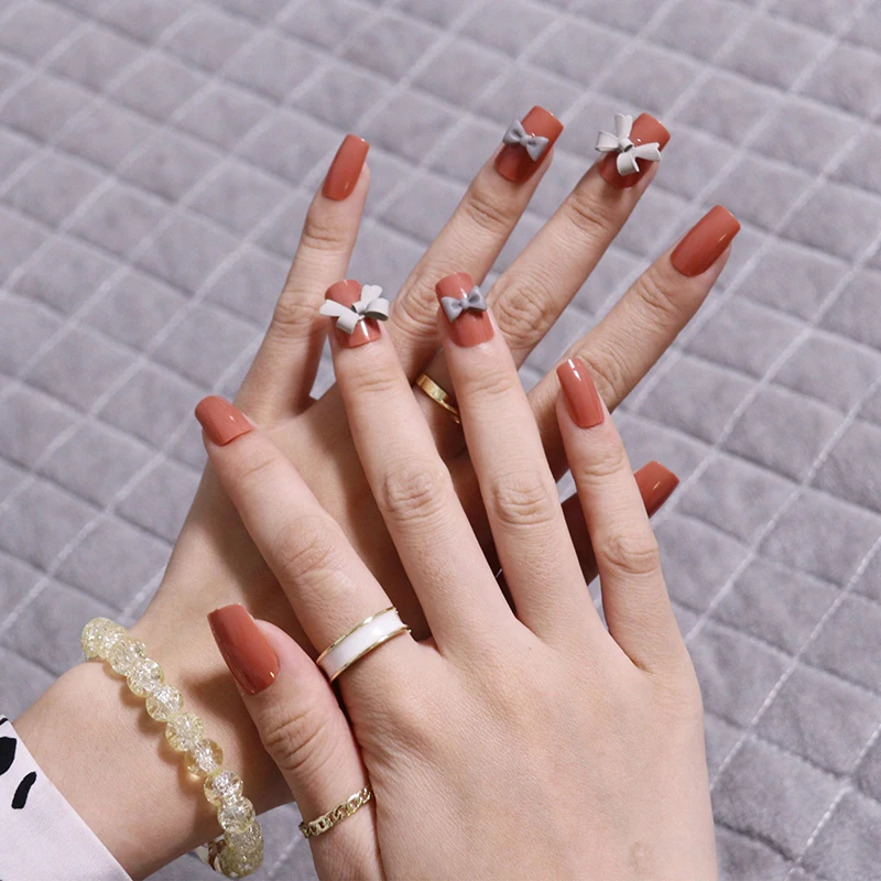 

Fake Nails Medium and Long Pumpkin Color Nail Stickers Finished Nail Stickers 24 Nail Stickers With Glue