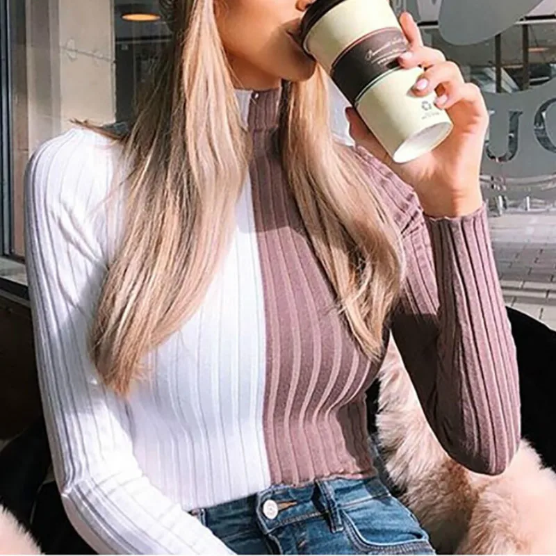

New Fashion Autumn and Winter Ladies Casual Patchwork Turtleneck Sweater Pullover 2021 New Fashion Knitwear Sexy Short Ladies