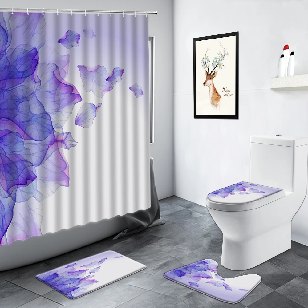 

Creative Blue Flowers Shower Curtains Abstract Art Design Floral Scenery Bathroom Decor Carpet Non-slip Rug Toilet Bath Mats Set
