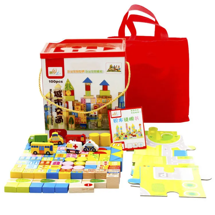 

[ Funny ] DIY 100pcs City traffic municipal transportation castle Building Blocks Wooden toy ambulance model baby kids gift toys