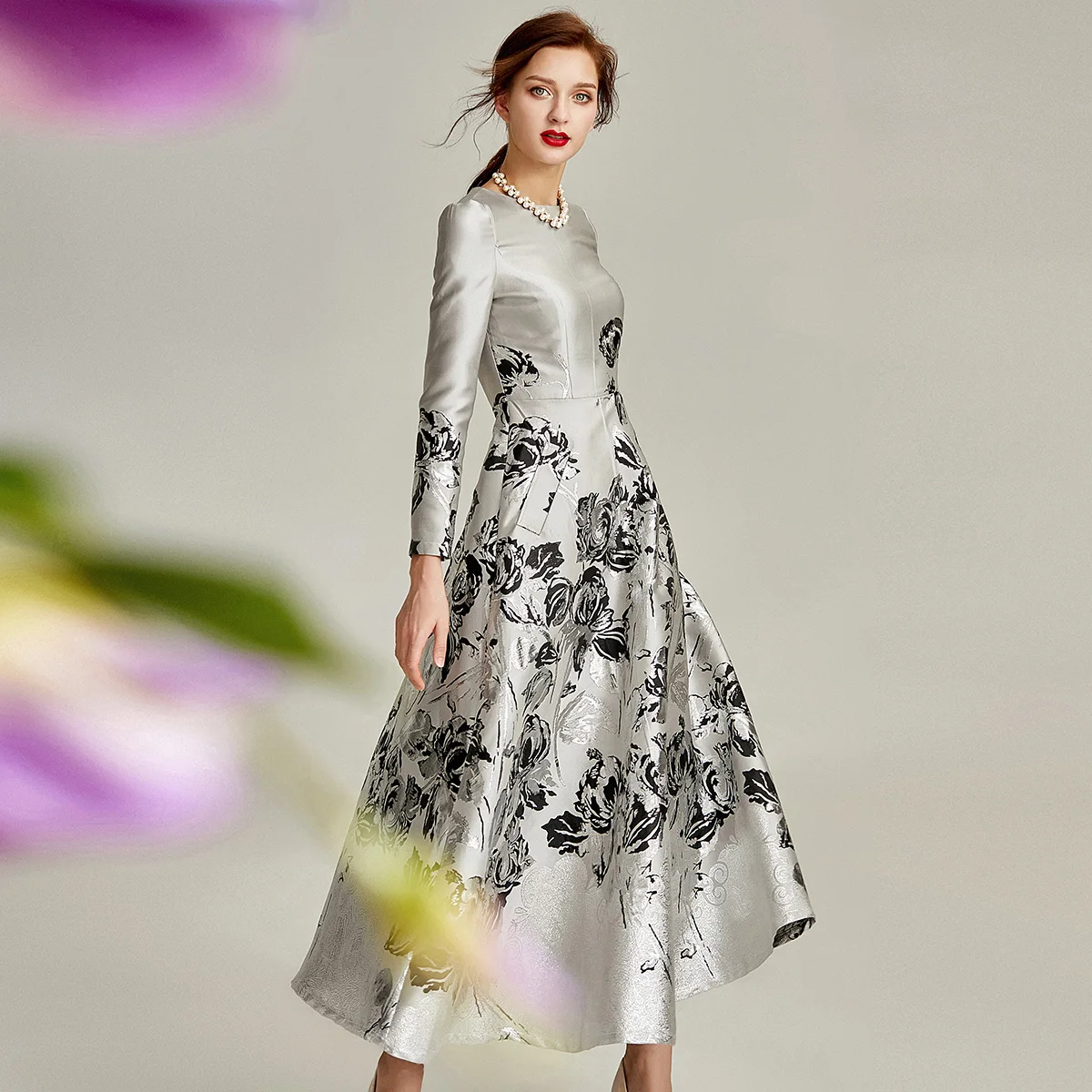 

2020 Spring New Retro Hepburn Style Long Sleeve Slim Jacquard Dress Women Elegant Slim Formal Party Flowers Long Dresses