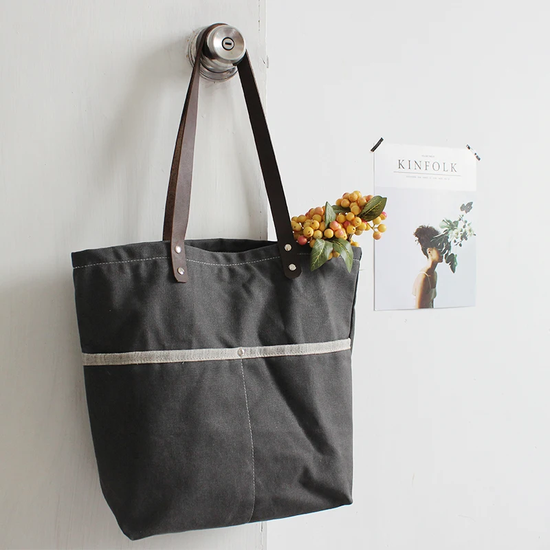 Оригинальная темно-серая большая кожаная Холщовая Сумка ручной работы женская