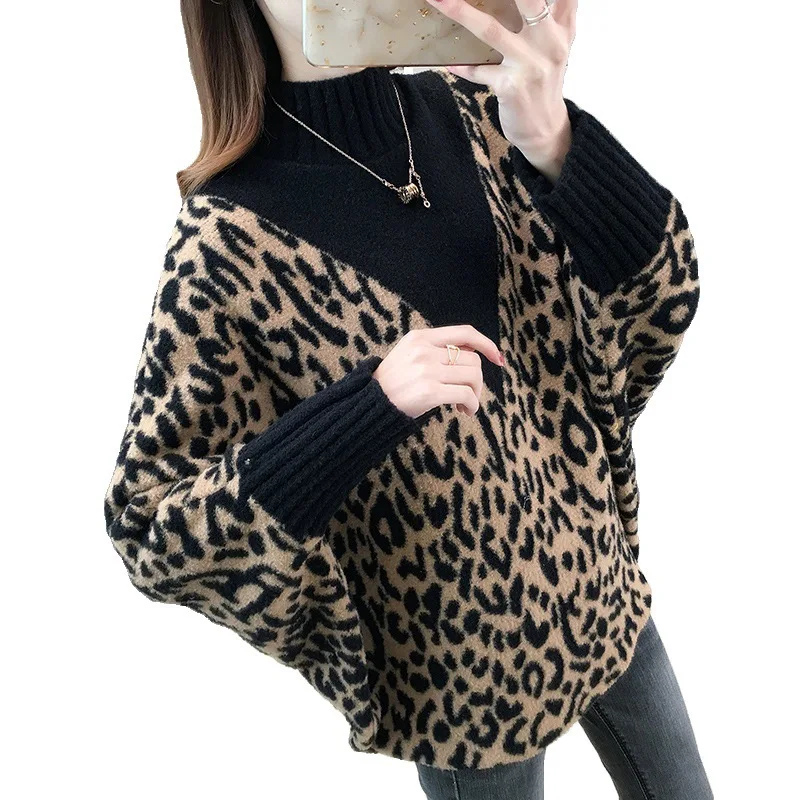 

Spring/Autumn Ladies Leopard Print Batwing Sleeve Turtleneck Sweaters Women Thick Loose Knitted Clothes Korean Fashion Tops