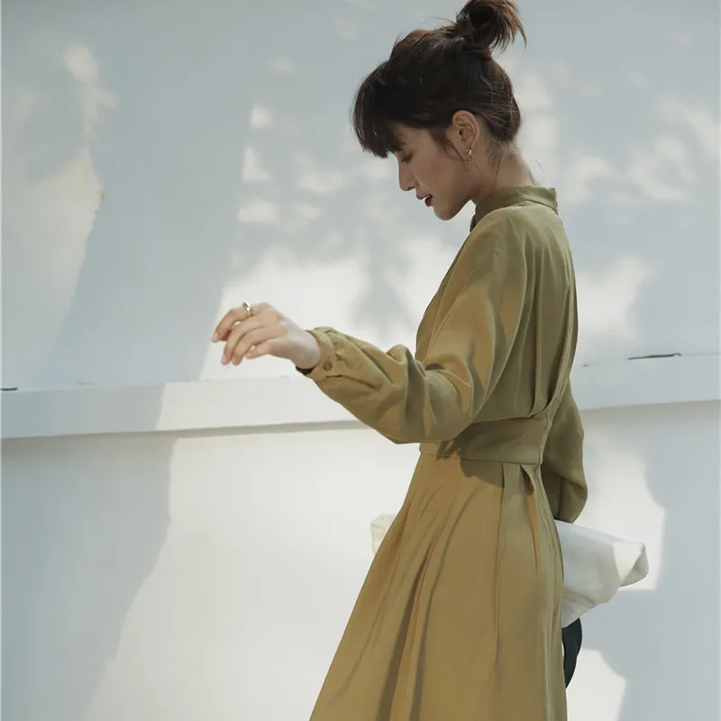 Осеннее винтажное женское платье с рукавами летучая мышь и стоячим воротником