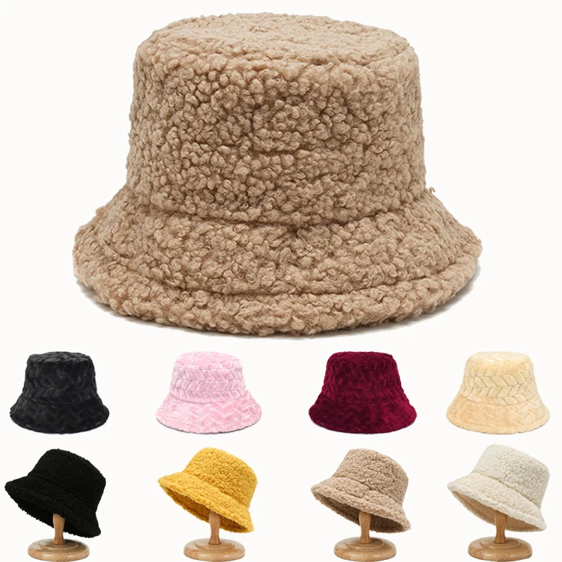 

Winter Warm Plush Bucket Hat Women Girl Solid Color Fuzzy Fishmen Panama Caps For Lady Casual Outdoor Bucket Hats for Women