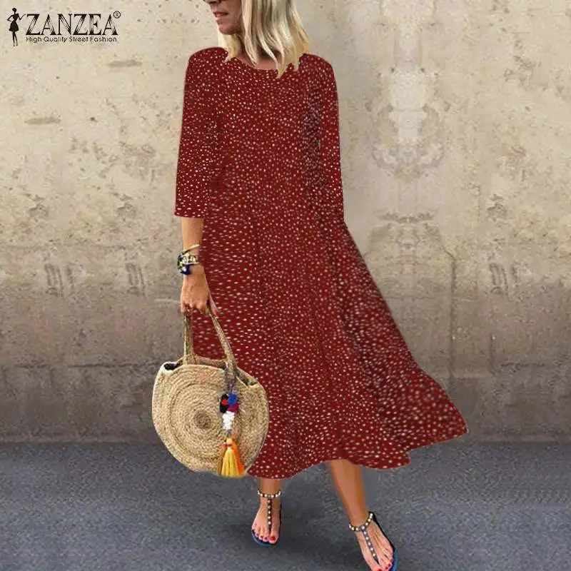 ZANZEA богемное платье, женское платье в горошек, с принтом, Vestidos, для девушек, для праздника, вечеринки, вечернее, длинное, макси платье, повседневное Свободное платье, Femme