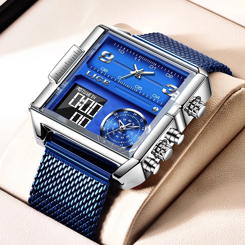

2021New LIGE Sport Men Watches Luxury Brand Mesh Steel Strap Electronic Wristwatch Men Fashion Waterproof Quartz Clock Reloj+Box