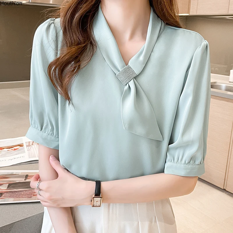 

Houthion New Silk Short-sleeved Women's Blouse Comfortable Korean Tops Solid Color Fashion V-neck Casual Shirt Lady Blusas