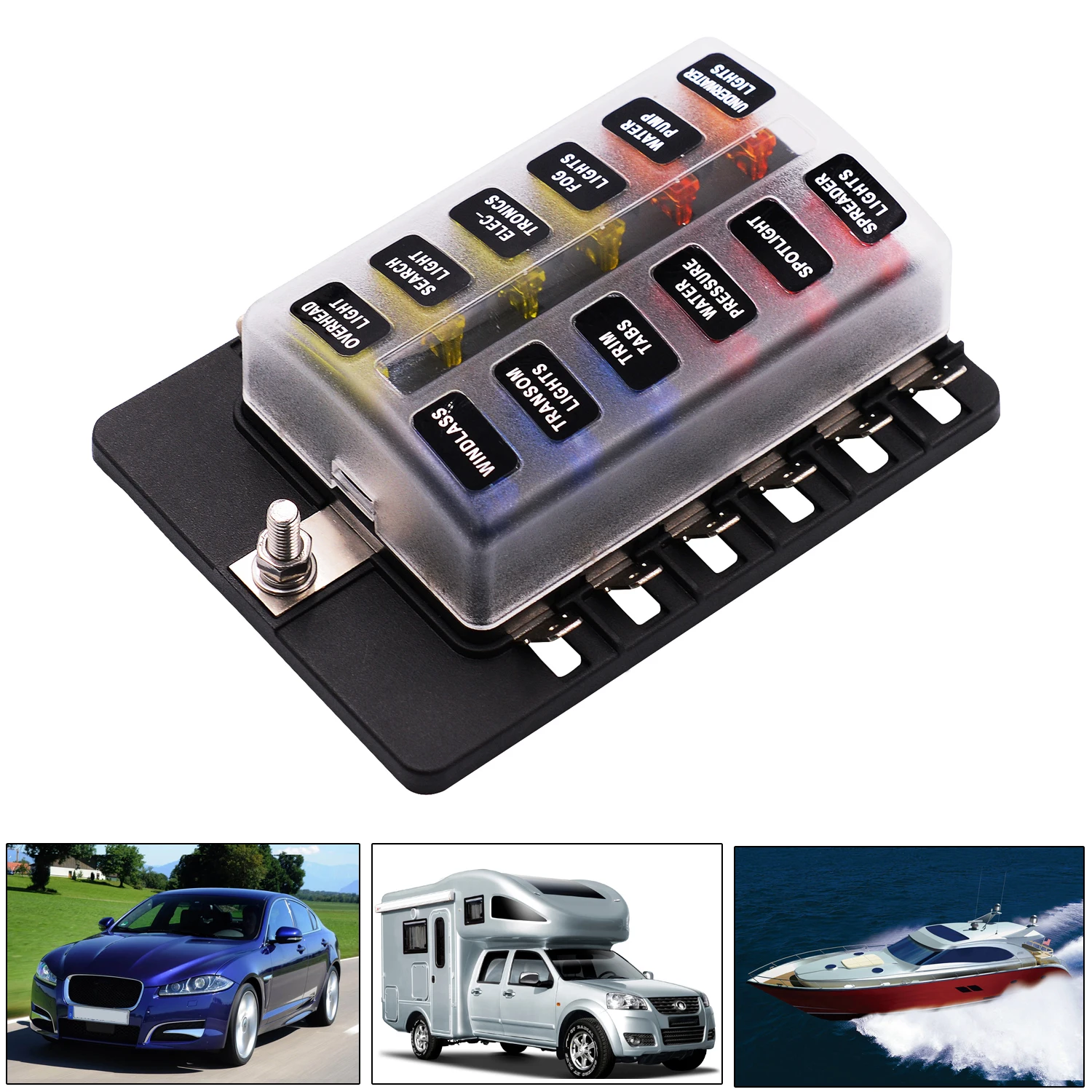 

Car Boat Fuse Box Holder 6/8/10/12 Ways Blade Fuse Holder Block with Warning Indicator 12V~24V Power Distribution Panel Board