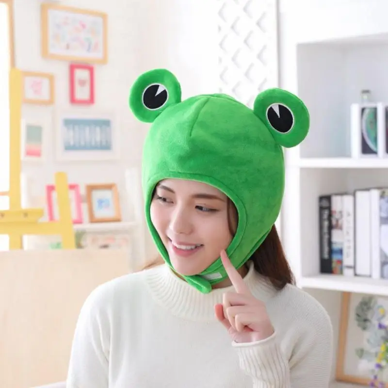 

Cute Plush Frog Hat Full Headgear Novelty Party Dress Up Cosplay Costume Green Winter Women Frog Cap Gift Hip-hop Cap New 2021