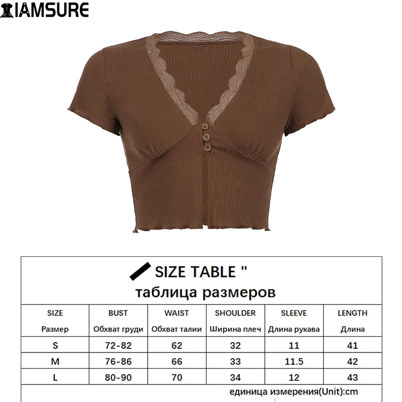 

IAMSURE Casual Lace Trim Split Crop Tops Women 2021 Summer Slim Deep V-Neck Short Sleeve Ribbed Basic Cardigans Streetwear Tees