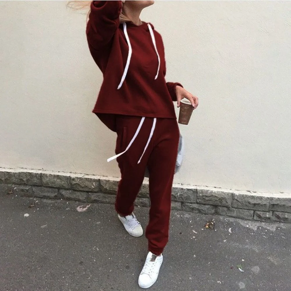 

Women's Sports Suit Outdoor Fitness Jogging Mountaineering Suit Retro Solid Color Long-sleeved Hooded Sweater Two-piece Suit