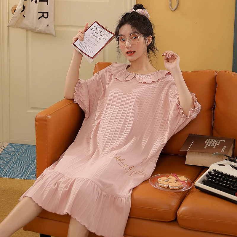 

Fashion Pink Princess Style Nightgowns Women Cotton Plus Size Sleepwear Summer Short Sleeve Knee-Length Bows Girls Sleepdress