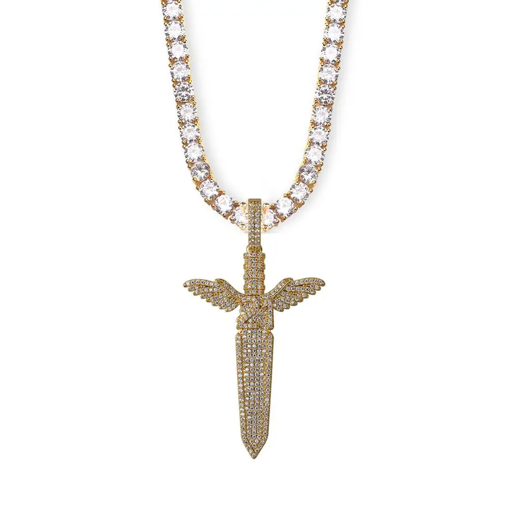 Хип хоп льдом Ангел меч с крыльями кулон ожерелье мужские и женские Bling Полный