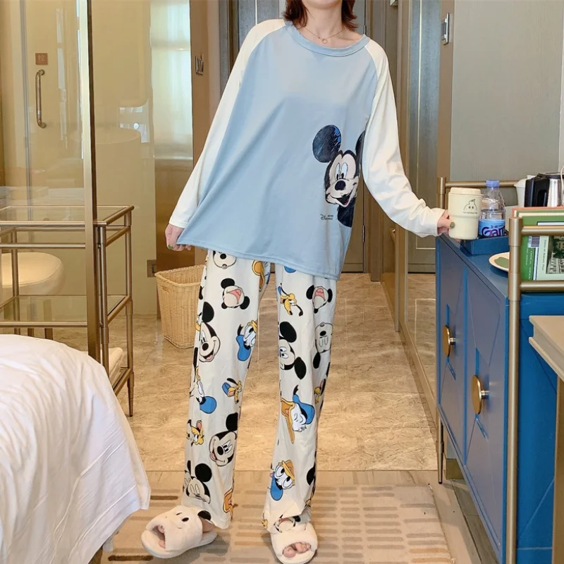 Disney Autumn Women's Sleep Lounge Set Pajama Long Sleeved Woman Mickey Mouse Pajama Set Cartoon Pyjamas Sleepwear M L XL XXL