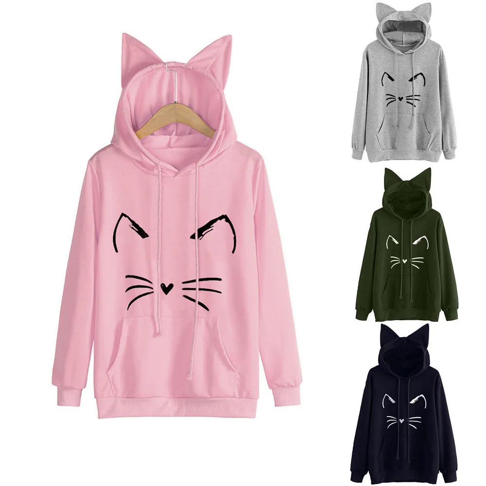 

Autumn Winter Fleece Womens Cat-Ear Long Sleeve Hoodie Sweatshirt Hooded Pullover Tops Blouse Korean Style Fashion Top#Q