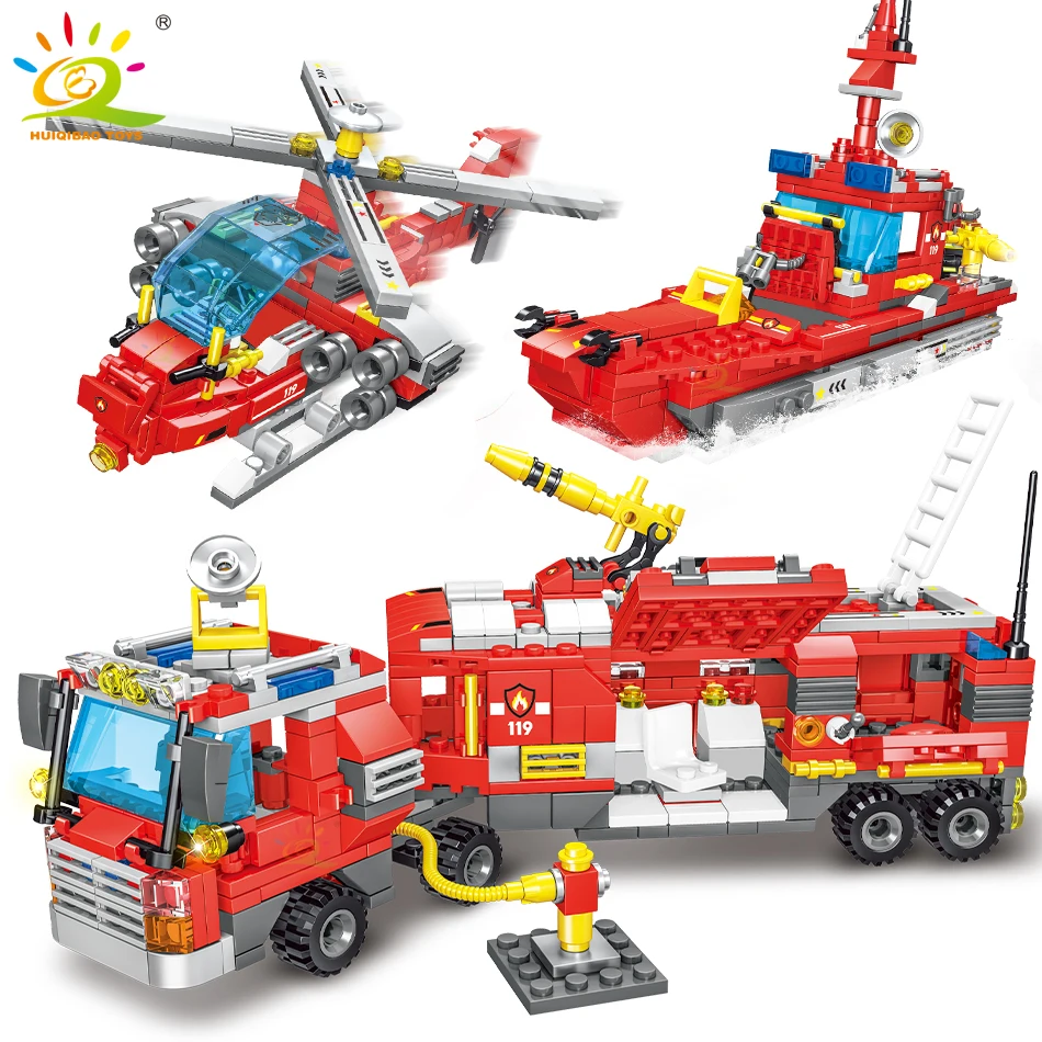 

HUIQIBAO TOYS 678pcs 8in1 City Firefighter Fire Trucks Building Blocks Car Helicopter Boat Figures Educational Bricks Children