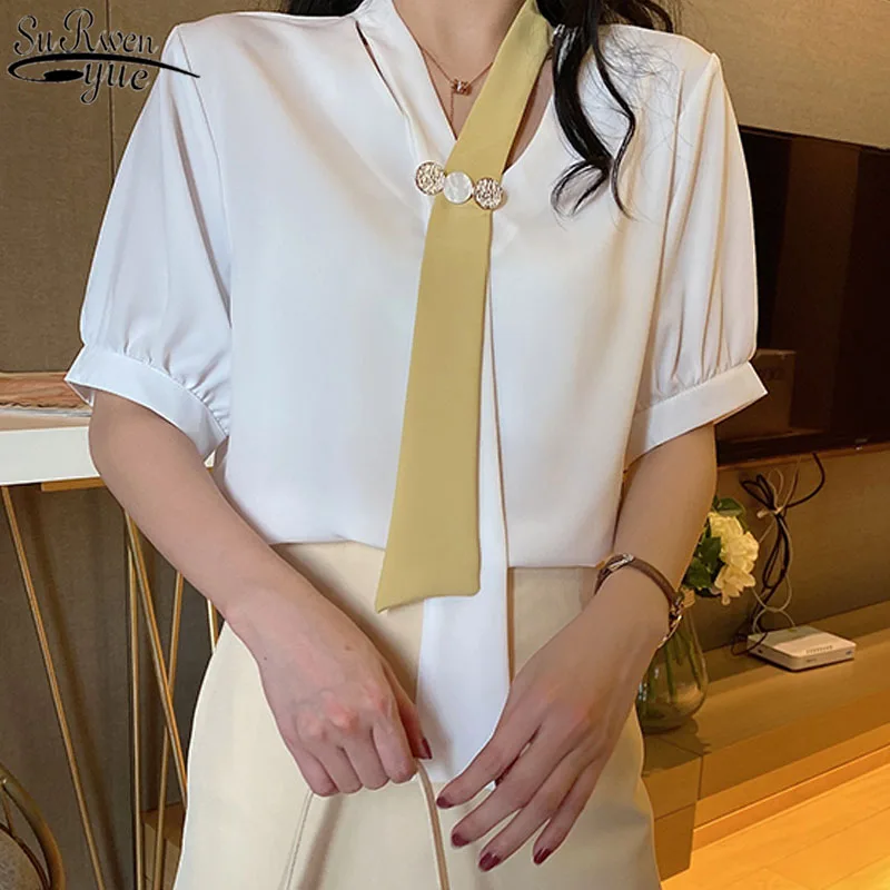 

Vintage Necktie Sexy V-neck Short Sleeve Woman's Shirt Korea Style Blouse Women 2021 Summer New Puff Sleeve Chiffon Blouse 10352