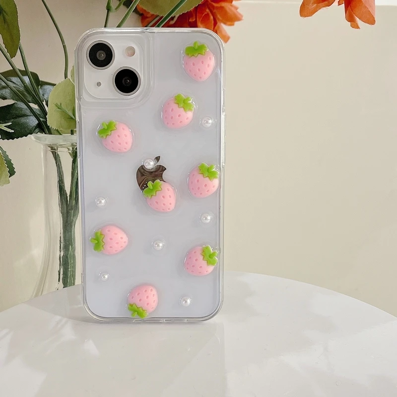 

3D Korean Cute Fruit Strawberry Pearl Transparent Phone Case For iPhone 13 12 11 Pro Xs Max X Xr 7 8 Puls Soft TPU Back Cover