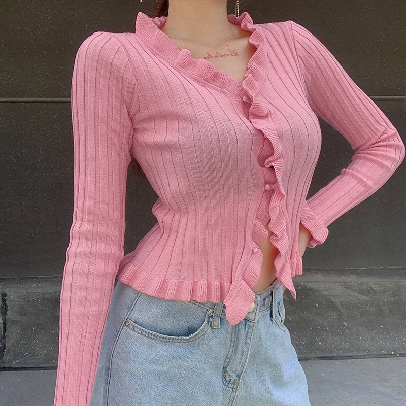 

Женский трикотажный кардиган с рукавами-бабочками, розовый свитер в Корейском стиле на осень, 2021