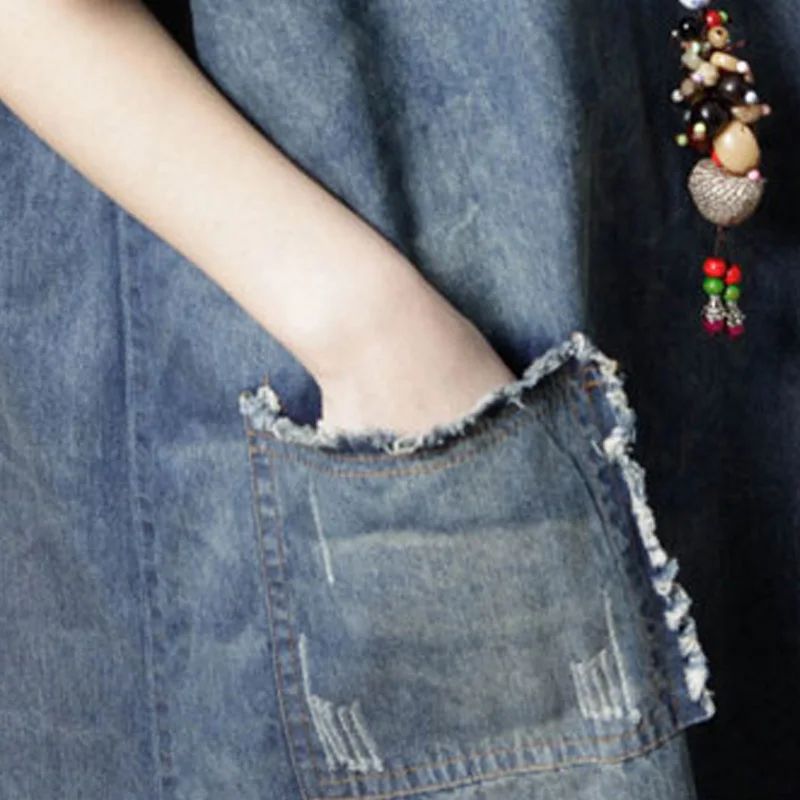 

Johnature Women Denim Dress Korean Style Blue Vintage 2021 Summer New O-Neck Patchwork Women Cloths Casual Dress Loose