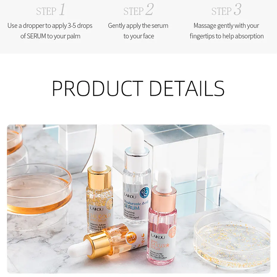 LAIKOU 15ml Original Serum Sakura Anti Aging Hyaluronic Acid Pure 24K Gold Whitening Vitamin C Essence Skin Care Face Serums