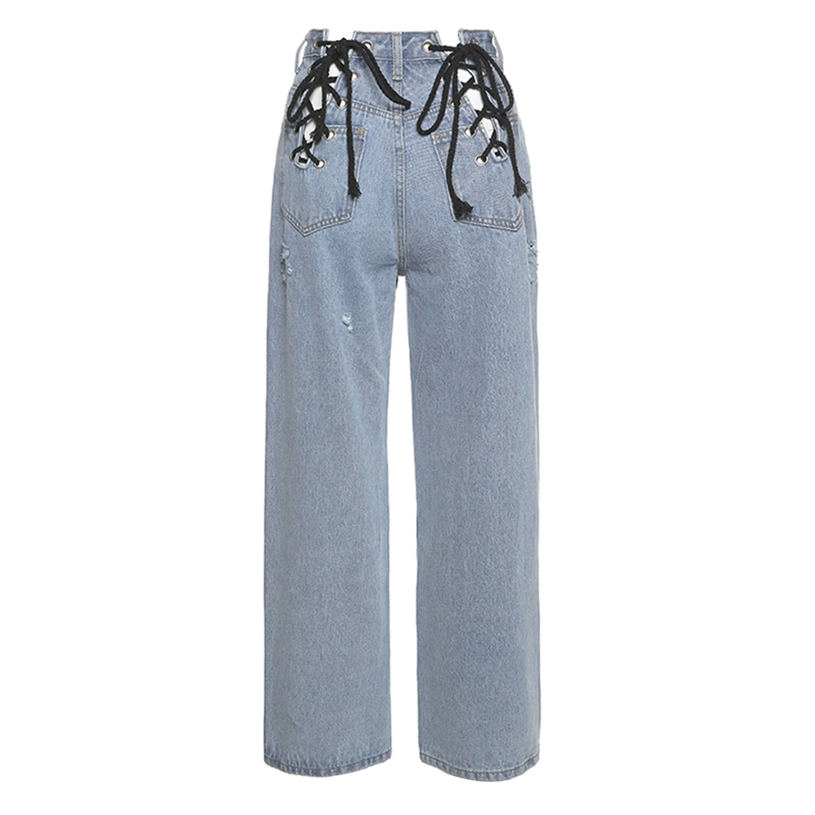 

Womens Korean Straight Jeans Solid Color Hollow Out Bandage High-waist Denim Pants with Pocket Laides Spring Denim Jeans
