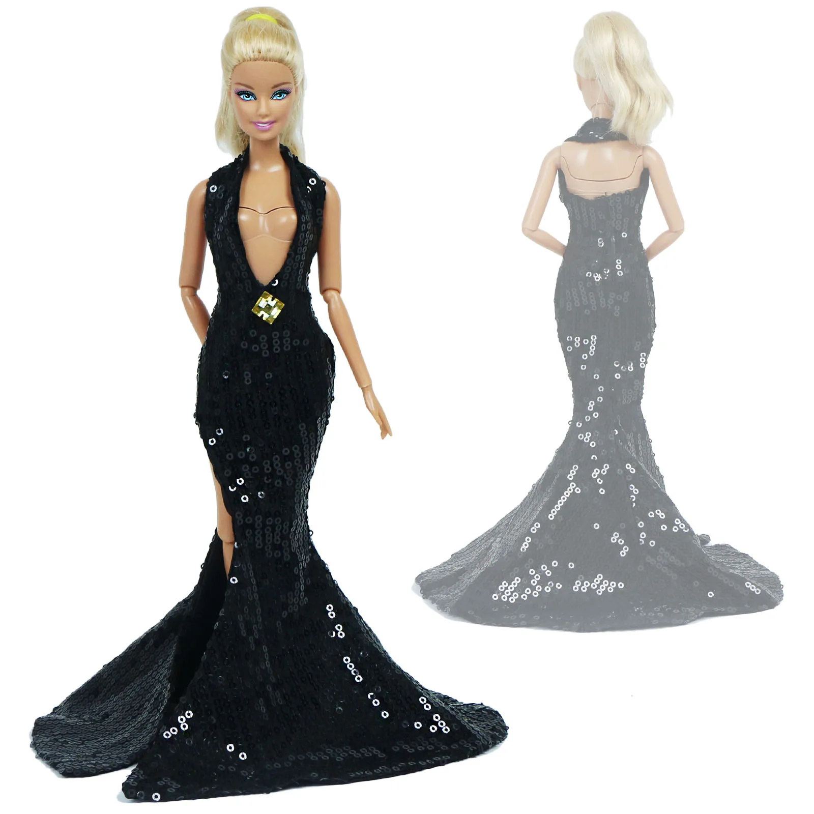 Высокое качество черного цвета с блестками Глубокий V образный вырез открытая