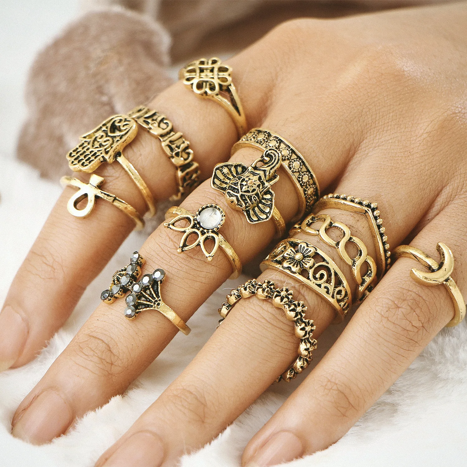 

13pcs/Set Punk Midi Rings Set For Women Antique Gold Color Carved Knuckle Finger Ring Elephant Fatima Hand Rings Female