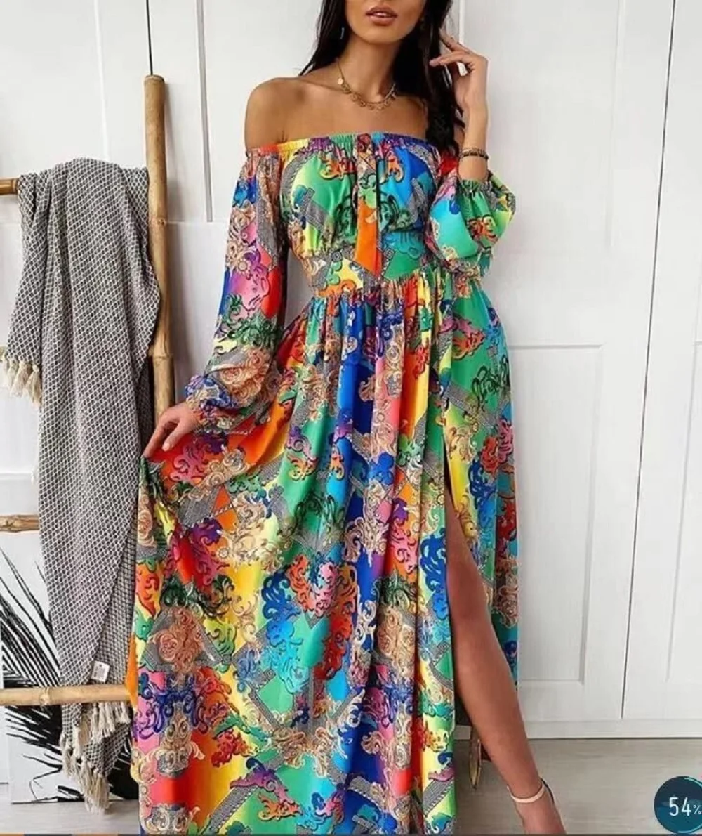 

2021 High Quality Ladies Autumn New Hedging Mid-Waist Printing Large Version Long Skirt Dress Dress