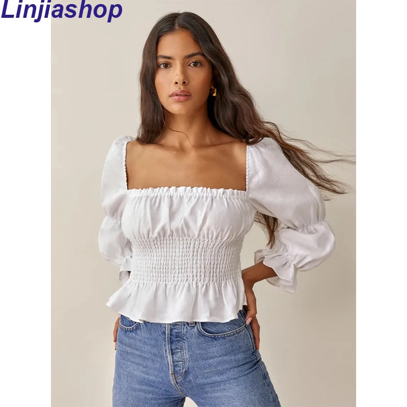 Женская блузка с длинным рукавом квадратным вырезом и оборками | одежда