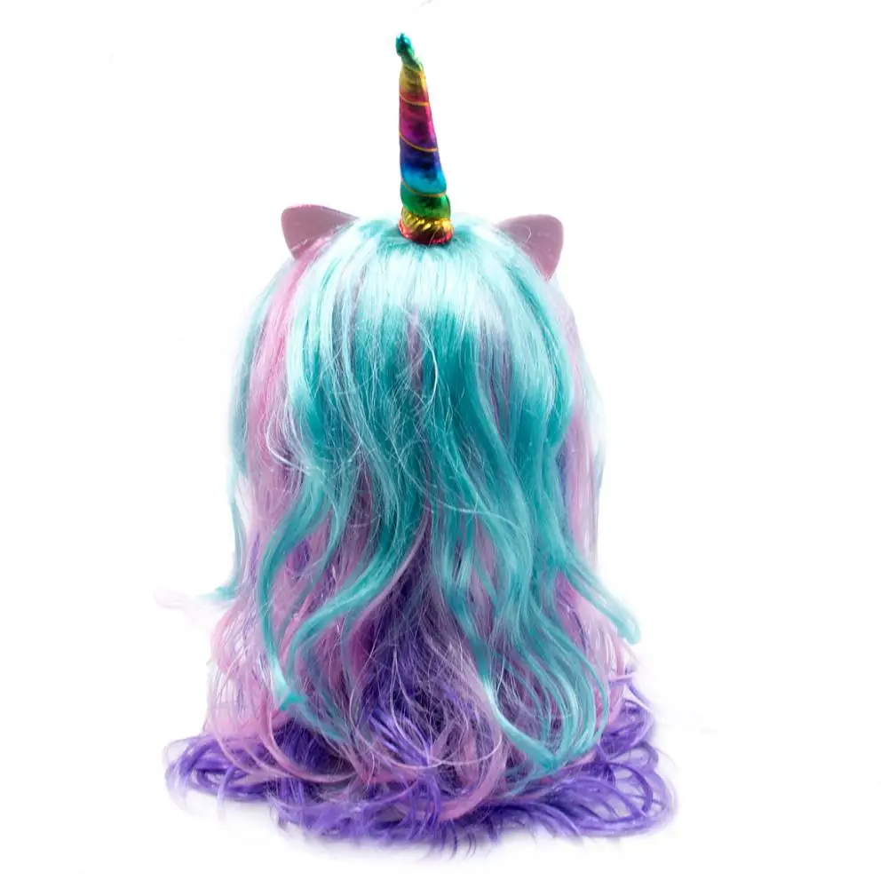 Красочный Единорог длинный кудрявый Custume Косплей искусственные волосы
