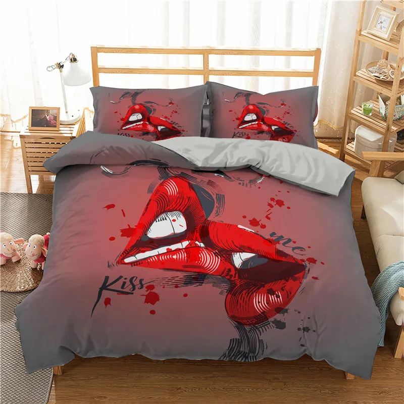 

3D Print Kiss Lips Mouth Bedding Set Red Duvet Cover Set With Pillowcase Home Textiles Adults Microfiber Set King Size Bedding