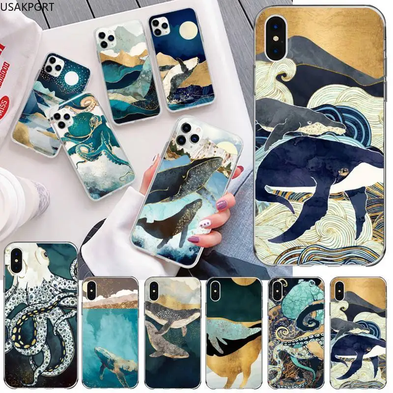 

KPUSAGRT cute art Whale octopus Custom Soft Phone Case for iphone 12 pro max 11 pro XS MAX 8 7 6 6S Plus X 5S SE 2020 XR cover